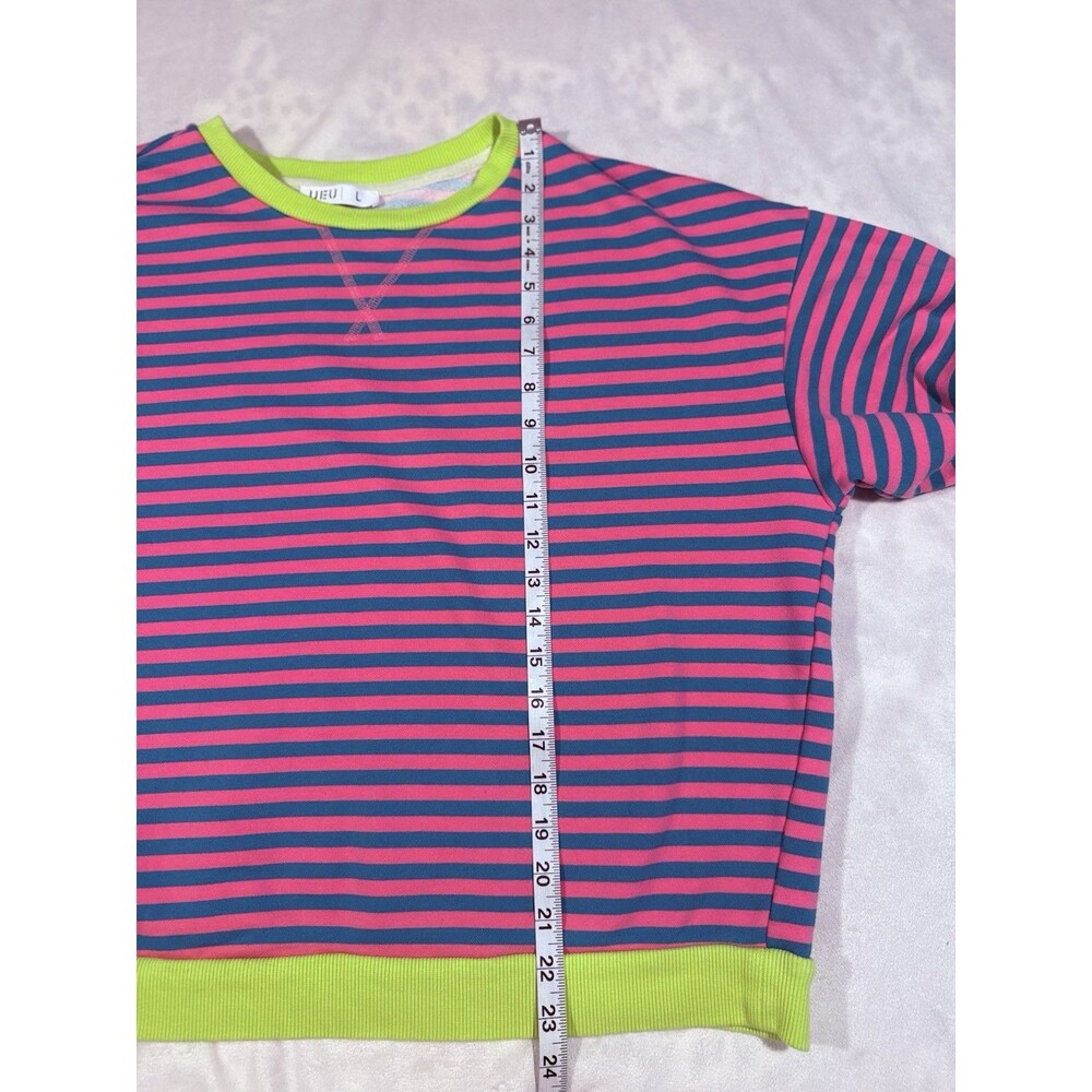 UEU Womans L Striped Crew Neck Long Sleeve Pullover Sweatshirt Pink Blue Neon - Picture 6 of 8